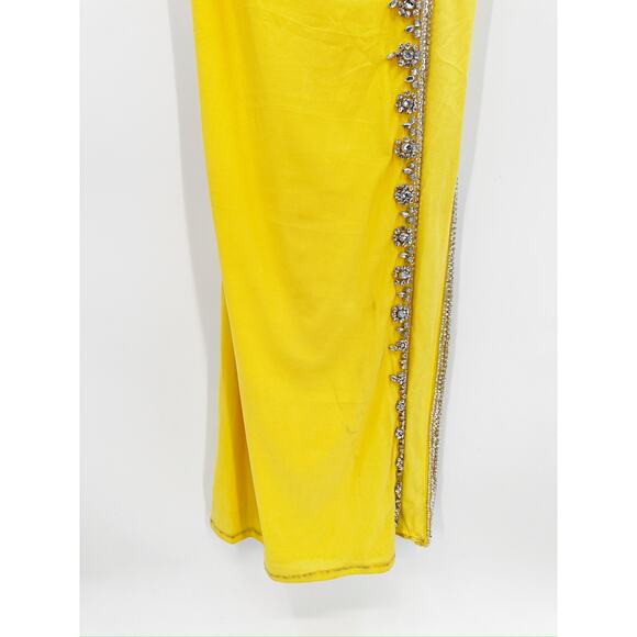 Mac Duggal 42002 Yellow Scoop Neck Beaded Slit Prom Dress Size 4 - Picture 4 of 7